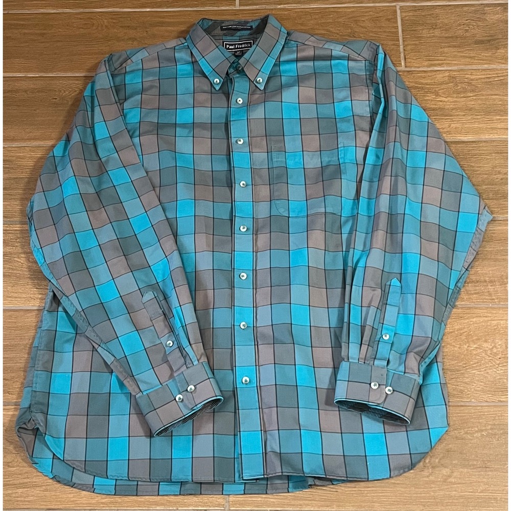 Paul Fredrick Mens XLT Easy Care Cotton Button Down Shirt Turquoise Grey Plaid